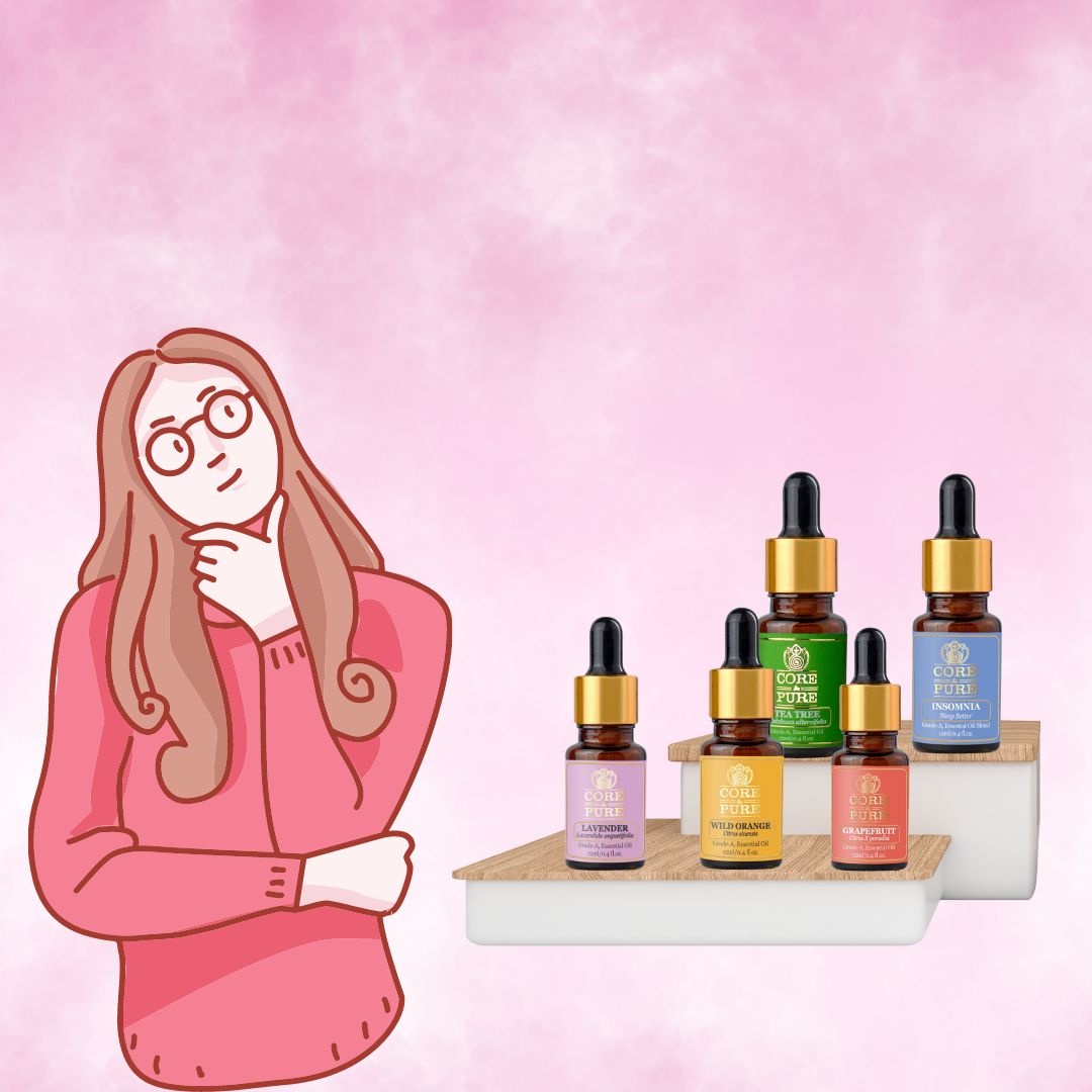 model is thinking as which essential oil to choose from range of core & pure bottles