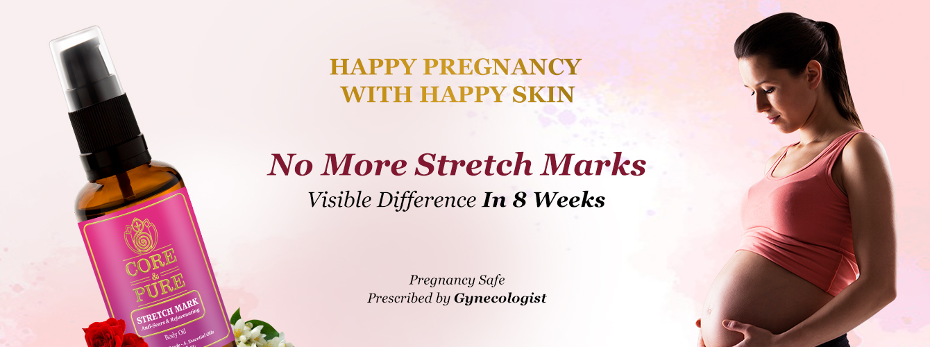 model shows core & pure stretch mark oil for visible difference in 8 weeks to have happy pregnancy