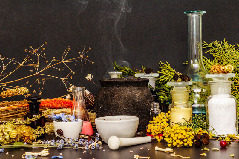 natural plant materials and bottles to represent natural ayurvedic and aromatherapy